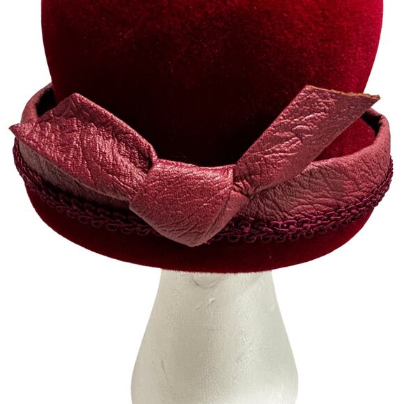 Vintage burgundy red felted wool bucket hat rolled brim Union Label bow trim - Picture 4 of 9